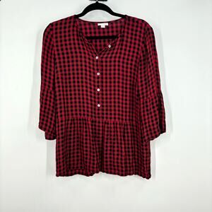 J. Jill Shirt Top Size S Red Black Buffalo Plaid Peplum Holiday Christmas Casual